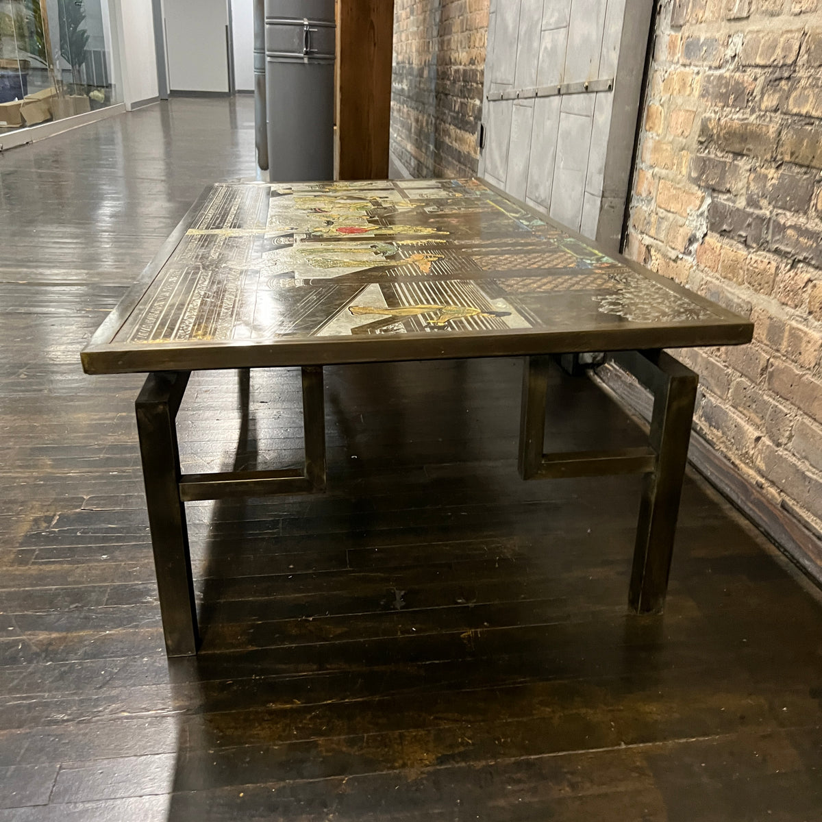 Chin Ying Coffee Table by Philip and Kelvin LaVerne.Etched and patinated bronze and pewter, enameled decoration.  Chicago, IL Studio Sonja Milan