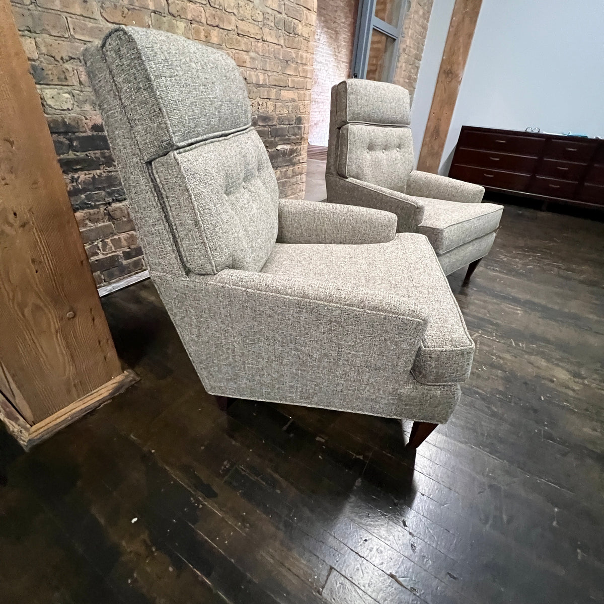 freshly reupholstered pair of 1950's lounge chairs attributed to Edward Wormley for Dunbar.  Studio Sonja Milan, Chicago, IL