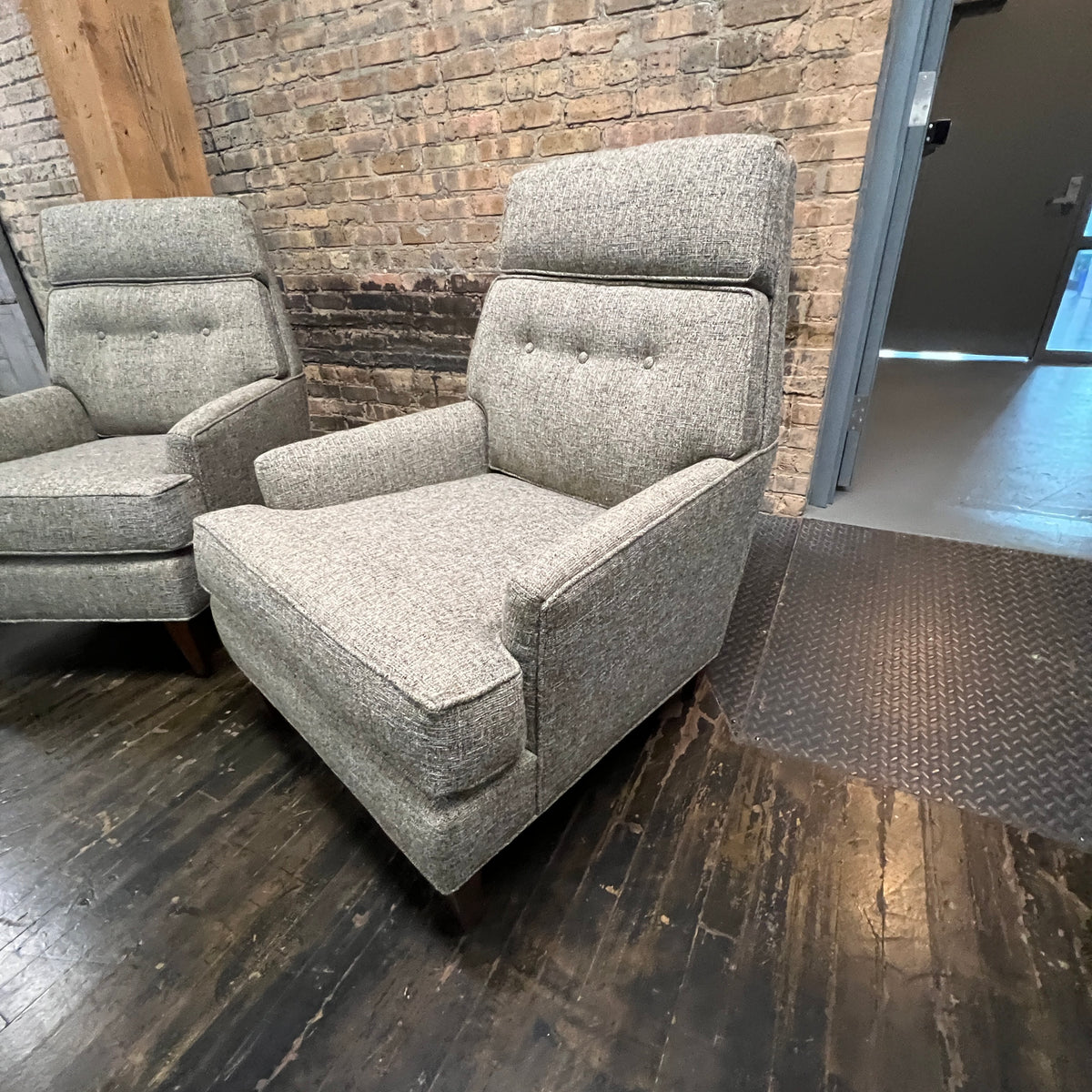 freshly reupholstered pair of 1950's lounge chairs attributed to Edward Wormley for Dunbar.  Studio Sonja Milan, Chicago, IL