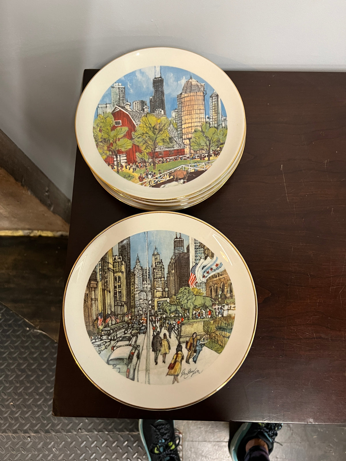 A complete set of collector plates from Continental Bank in the 1970s & 1980s.  They feature the art of Franklin McMahon. The plates show scenes from the City of Chicago. Studio Sonja Milan, Chicago, IL