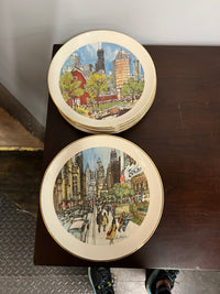 A complete set of collector plates from Continental Bank in the 1970s & 1980s.  They feature the art of Franklin McMahon. The plates show scenes from the City of Chicago. Studio Sonja Milan, Chicago, IL