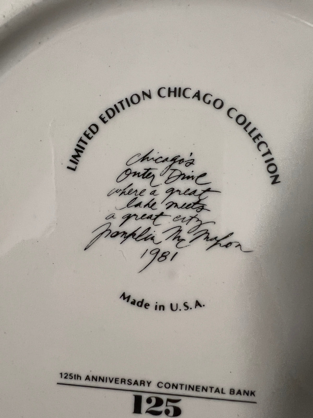 A complete set of collector plates from Continental Bank in the 1970s & 1980s.  They feature the art of Franklin McMahon. The plates show scenes from the City of Chicago. Studio Sonja Milan, Chicago, IL