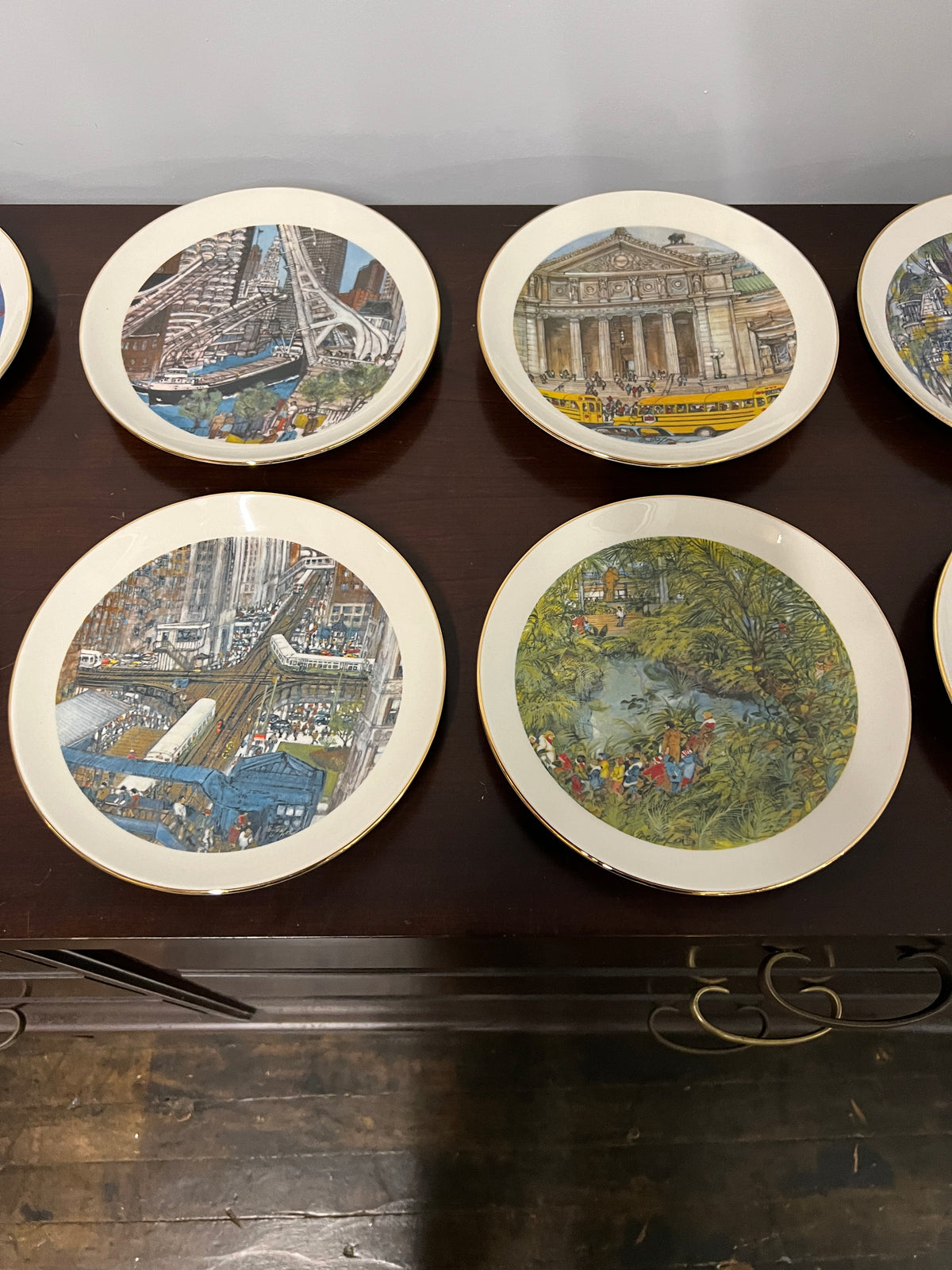 A complete set of collector plates from Continental Bank in the 1970s & 1980s.  They feature the art of Franklin McMahon. The plates show scenes from the City of Chicago. Studio Sonja Milan, Chicago, IL