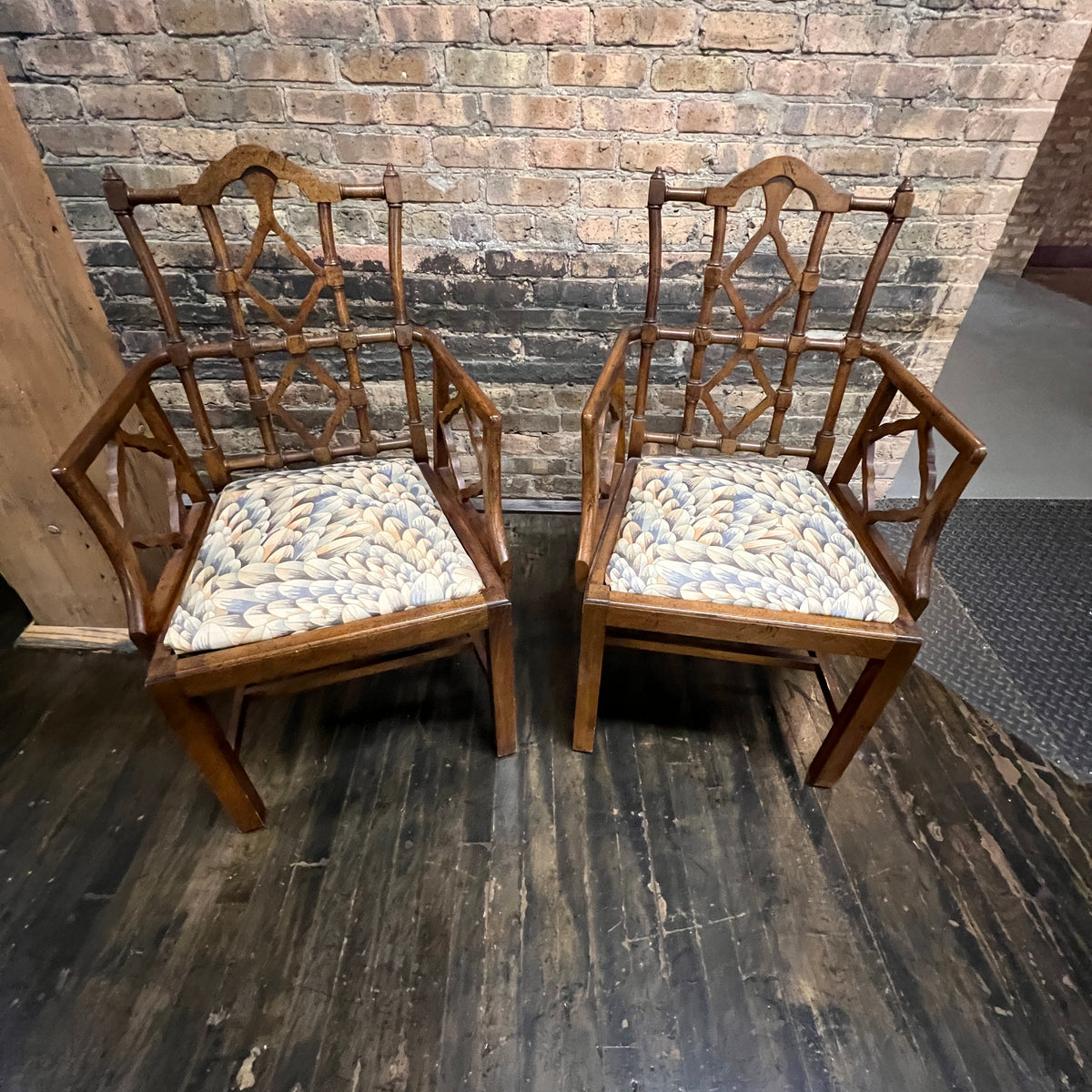 Pair of George III Style Chinese Chippendale "Cockpen" Armchairs
