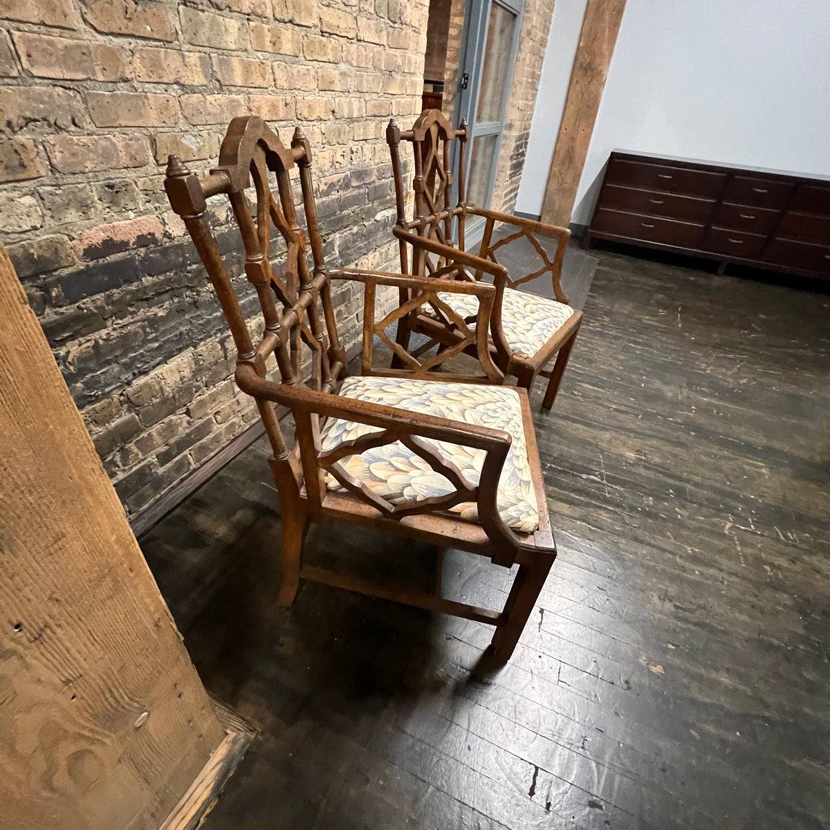 Pair of George III Style Chinese Chippendale "Cockpen" Armchairs