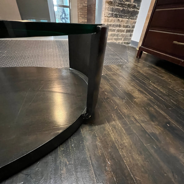 Vintage McGuire Oval Coffee Table with Ebonized Base and Inset Glass Top