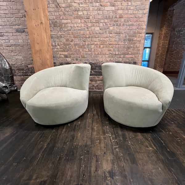 Pair of Vladimir Kagan Style Nautilus Swivel Chairs in Ultrasuede, light green, Studio Sonja Milan, Chicago IL