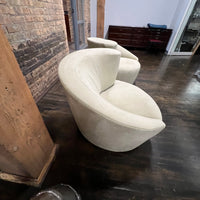 Pair of Vladimir Kagan Style Nautilus Swivel Chairs in Ultrasuede, light green, Studio Sonja Milan, Chicago IL