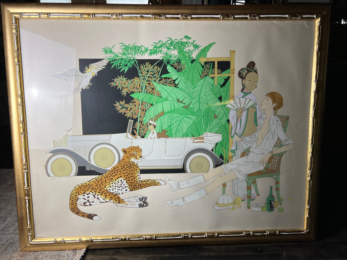 This is a lovely large limited edition framed lithograph by French artist, Philippe Henri Noyer in his signature surrealist/modernist style. It is titled "White Rolls Royce".  45/150 Studio Sonja Milan Chicago,  IL