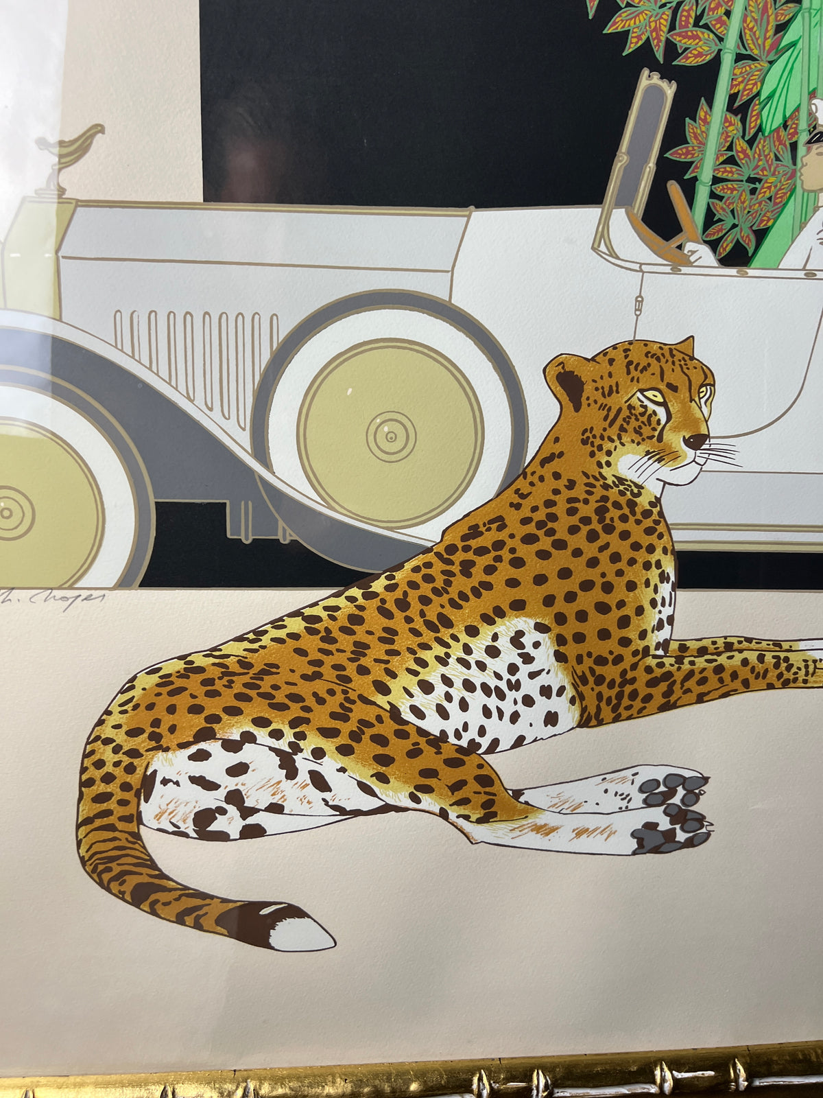This is a lovely large limited edition framed lithograph by French artist, Philippe Henri Noyer in his signature surrealist/modernist style. It is titled "White Rolls Royce".  45/150 Studio Sonja Milan Chicago,  IL