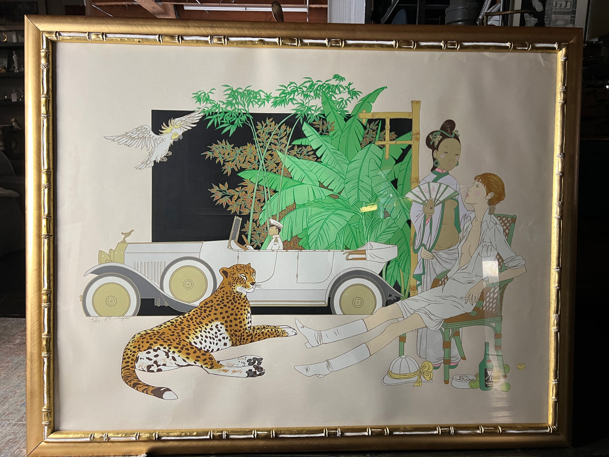 This is a lovely large limited edition framed lithograph by French artist, Philippe Henri Noyer in his signature surrealist/modernist style. It is titled "White Rolls Royce".  45/150 Studio Sonja Milan Chicago,  IL