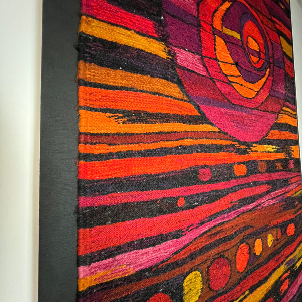 A large and colorful mid-century tapestry or kilim that has been mounted on  a canvas frame.  chicago, IL Studio Sonja Milan