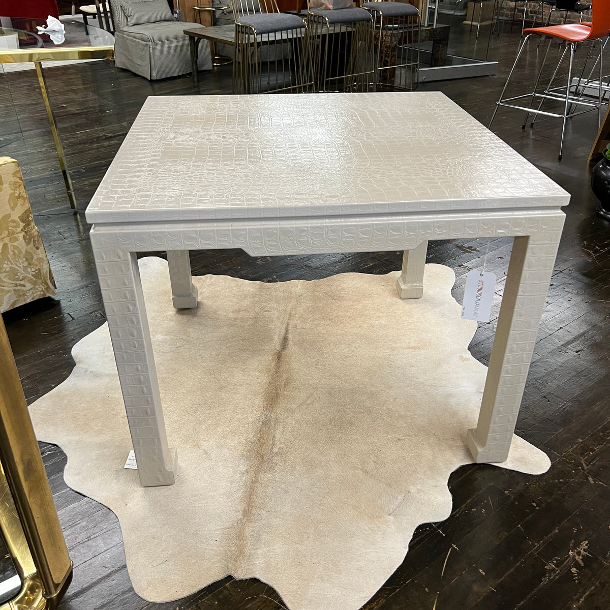 Stunning square Chinoiserie from game table by Karl Springer covered in crocodile embossed Ivory leather.  Chicago, IL Studio Sonja Milan