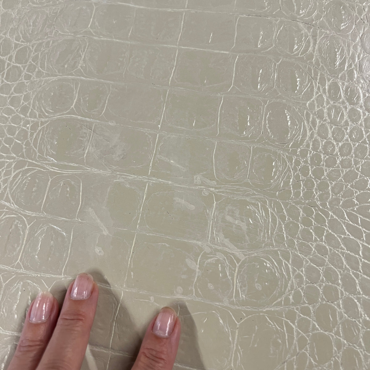 Stunning square Chinoiserie from game table by Karl Springer covered in crocodile embossed Ivory leather.  Chicago, IL Studio Sonja Milan