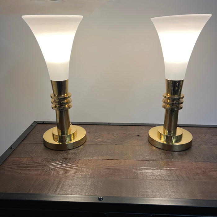 Beautiful pair of Paul Hanson Art Deco style brass and glass torchiere table lamps.  Studio Sonja Milan, Chicago, IL