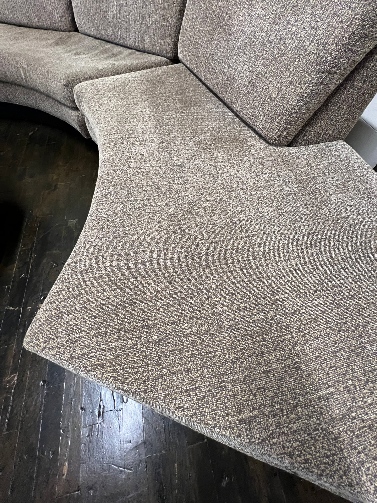 Stunning semi-circular sofa by Erwin Lambeth for John Stuart.   It is now missing its original label (lost during reupholstery) but it is an Erwin Lambeth sofa.  Studio Sonja Milan, Chicago, IL