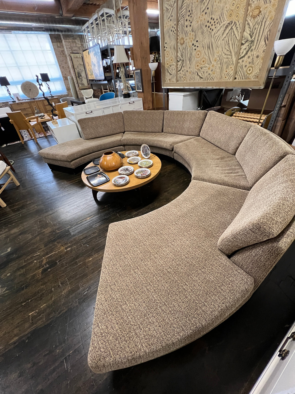 Stunning semi-circular sofa by Erwin Lambeth for John Stuart.   It is now missing its original label (lost during reupholstery) but it is an Erwin Lambeth sofa.  Studio Sonja Milan, Chicago, IL