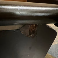 Lovely mid-century modern occasional table circa 1950.  Designed by Edward Wormley for Dunbar Furniture.  This walnut table has a lacquered wood base with leather trim near the feet.  The table is in vintage condition.  Studio Sonja Milan, Chicago, IL