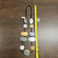 Wood Disk Necklace by Sylca - Gold, Silver and Gray Disks on an adjustable black cord