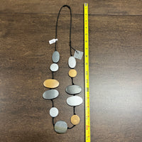 Wood Disk Necklace by Sylca - Gold, Silver and Gray Disks on an adjustable black cord
