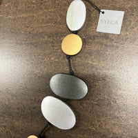 Wood Disk Necklace by Sylca - Gold, Silver and Gray Disks on an adjustable black cord