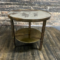 Philip and kelvin LaVerne "Ming" side table with shelf.  24" round.  Three legged table. Bronze, etched.  Mid-century modern original.