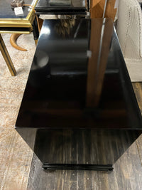 Mid-Century Chinoiserie Black Lacquer Cabinet with Gilded Painted Doors