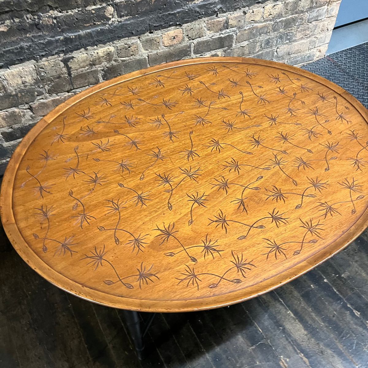 Kittinger Coffee Table, Faux Bamboo Base, dandelion incised top. walnut and black lacquer