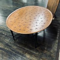 Kittinger Coffee Table, Faux Bamboo Base, dandelion incised top. walnut and black lacquer