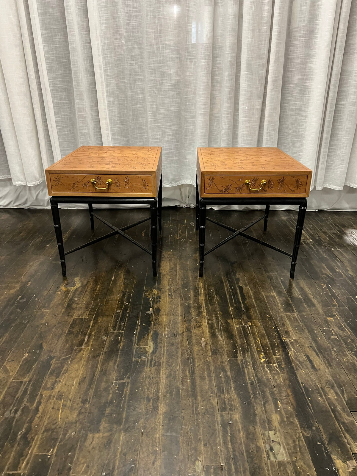 Pair midcentury Kittinger side or end Tables, one drawer, brass pull,  Faux Bamboo black lacquer Base, dandelion incised top. walnut and black lacquer