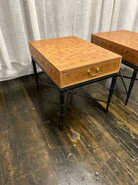 Pair midcentury Kittinger side or end Tables, one drawer, brass pull,  Faux Bamboo black lacquer Base, dandelion incised top. walnut and black lacquer