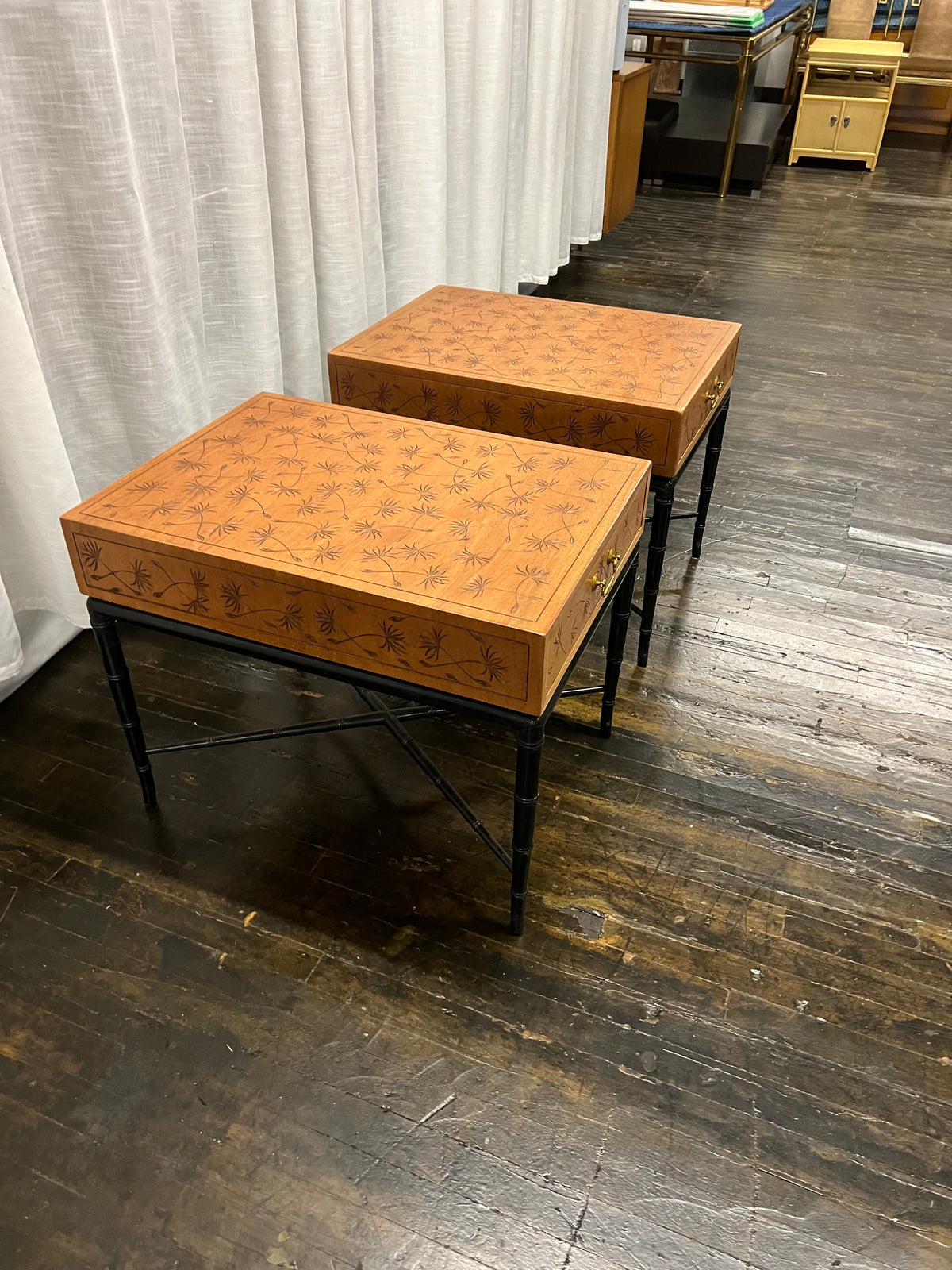 Pair midcentury Kittinger side or end Tables, one drawer, brass pull,  Faux Bamboo black lacquer Base, dandelion incised top. walnut and black lacquer