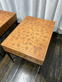 Pair midcentury Kittinger side or end Tables, one drawer, brass pull,  Faux Bamboo black lacquer Base, dandelion incised top. walnut and black lacquer