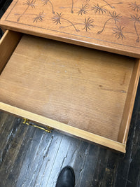 Pair midcentury Kittinger side or end Tables, one drawer, brass pull,  Faux Bamboo black lacquer Base, dandelion incised top. walnut and black lacquer