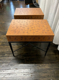 Pair midcentury Kittinger side or end Tables, one drawer, brass pull,  Faux Bamboo black lacquer Base, dandelion incised top. walnut and black lacquer