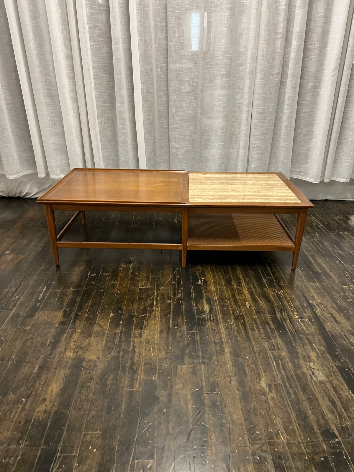Mid-Century Walnut Coffee Table with Travertine Inset and Caned Shelf by Heritage