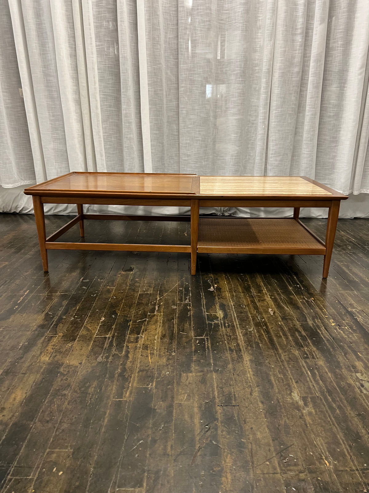 Mid-Century Walnut Coffee Table with Travertine Inset and Caned Shelf by Heritage