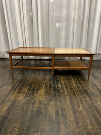 Mid-Century Walnut Coffee Table with Travertine Inset and Caned Shelf by Heritage
