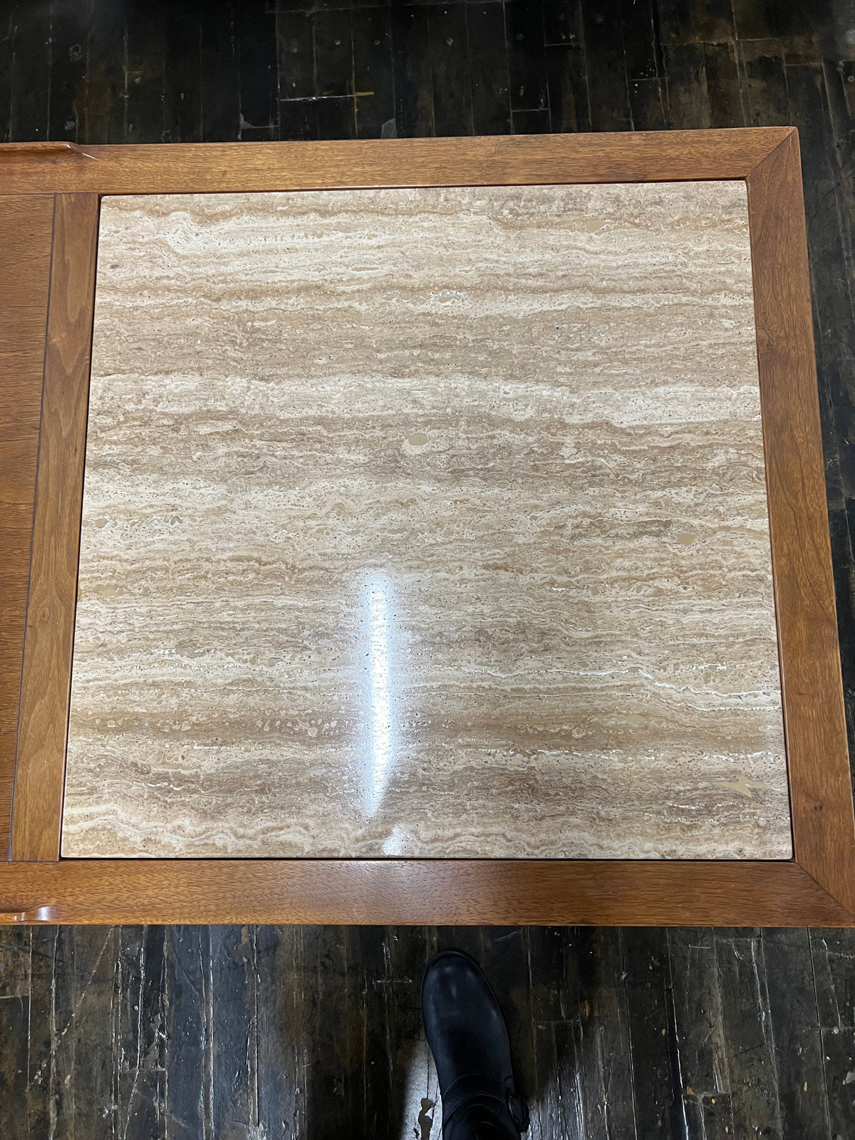 Mid-Century Walnut Coffee Table with Travertine Inset and Caned Shelf by Heritage