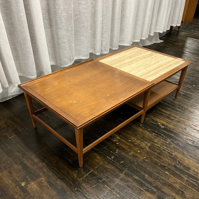 Mid-Century Walnut Coffee Table with Travertine Inset and Caned Shelf by Heritage