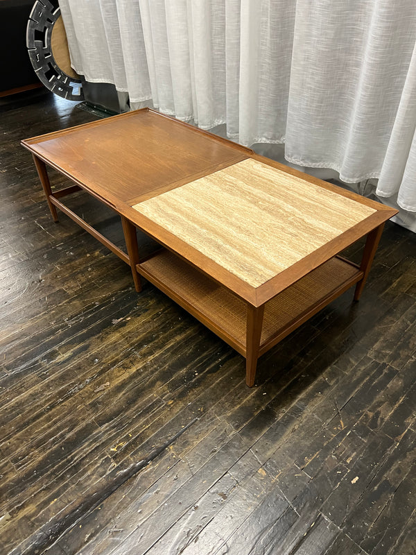 Mid-Century Walnut Coffee Table with Travertine Inset and Caned Shelf by Heritage