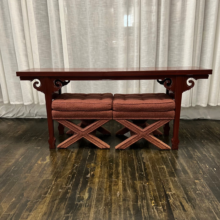 Michael Taylor for Baker Asian style altar table actually folds open to double in size. It can be used as a console table or expanded when needed. Red Lacquer. 