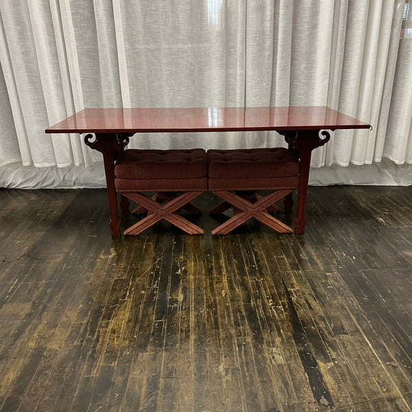 Michael Taylor for Baker Asian style altar table actually folds open to double in size. It can be used as a console table or expanded when needed. Red Lacquer. 