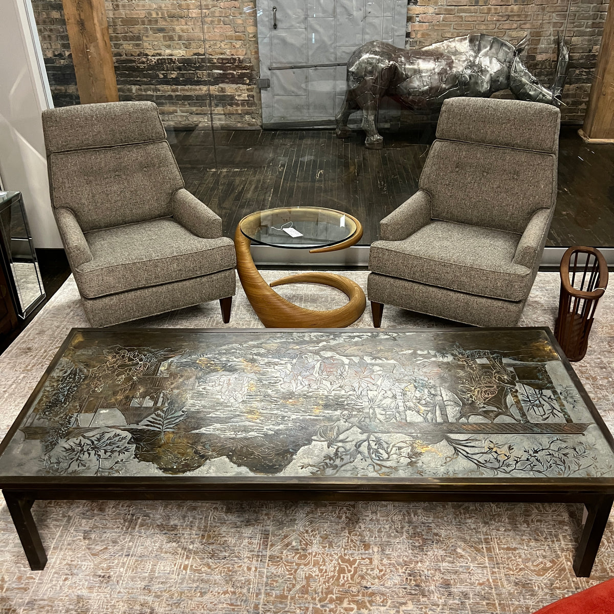 Philip and Kelvin LaVerne, Mid-Century, T'ang Marriage Coffee Table, Etched Bronze, USA c. 1965 Rare and important.  Studio Sonja Milan, Chicago, IL