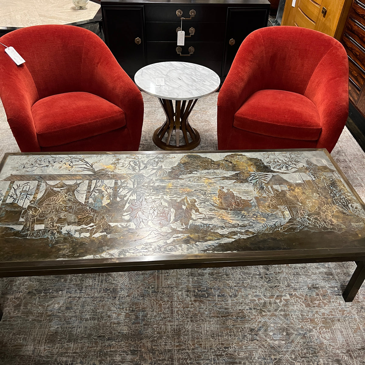 Philip and Kelvin LaVerne, Mid-Century, T'ang Marriage Coffee Table, Etched Bronze, USA c. 1965 Rare and important.  Studio Sonja Milan, Chicago, IL
