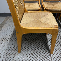 Set of 6 dining chairs with woven rush seats and backs.  Mid-century modern meets French country.  Light wood.  Vintage with some imperfections.