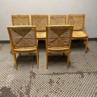 Set of 6 dining chairs with woven rush seats and backs.  Mid-century modern meets French country.  Light wood.  Vintage with some imperfections.