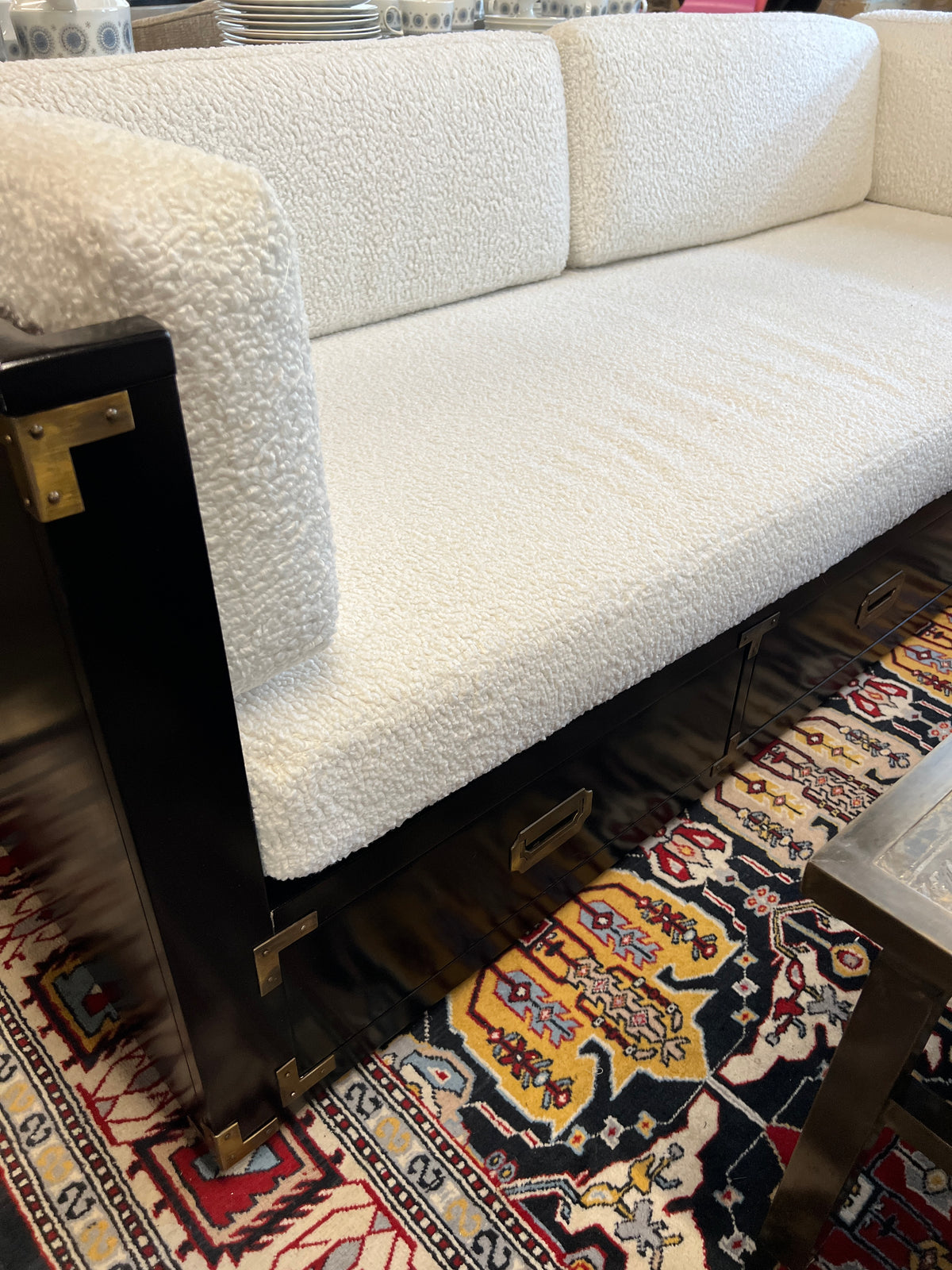 Marge Carson style campaign daybed, brass hardware and storage drawers below the bed. Cushions freshly reupholstered. Bed was freshly lacquered. ready to place.