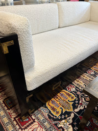 Marge Carson style campaign daybed, brass hardware and storage drawers below the bed. Cushions freshly reupholstered. Bed was freshly lacquered. ready to place.