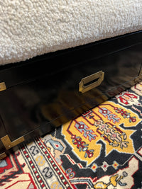 Marge Carson style campaign daybed, brass hardware and storage drawers below the bed. Cushions freshly reupholstered. Bed was freshly lacquered. ready to place.